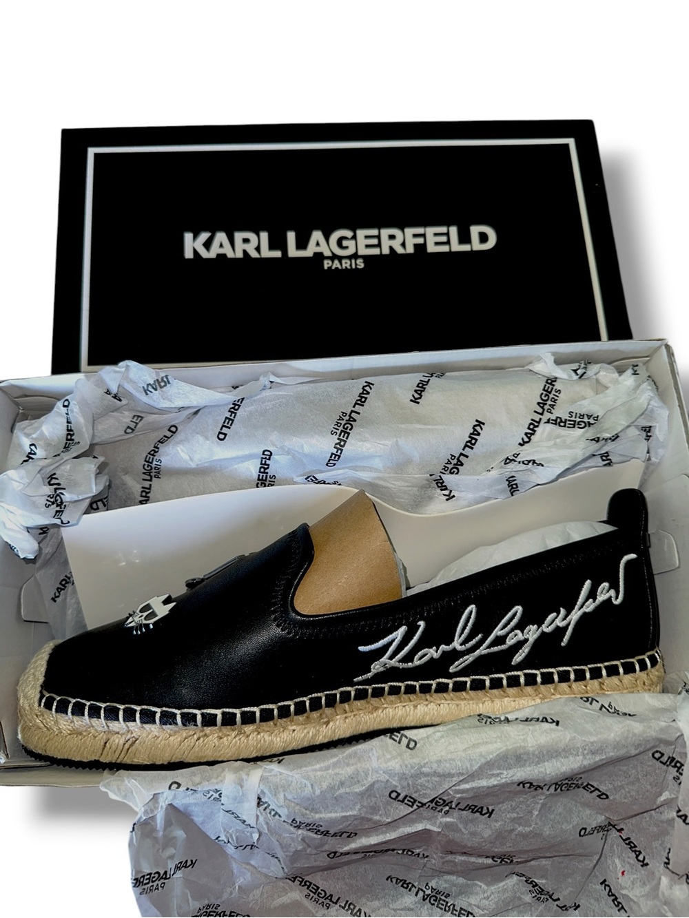 Karl Lagerfeld SZ 11 Paris Malvie Embellished Flat Espadrilles NIB VEGAN LEATHER